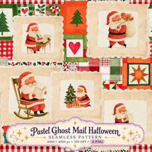 Vintage Santa Christmas Patchwork Seamless Pattern, Retro Holiday Quilt Digital Paper, 2 PNG Files