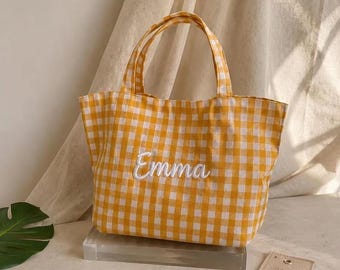 Personalized Embroidered Gingham Tote Bag, Custom Name Checkered Canvas Tote, Monogram Everyday Shopping Bag, Preppy Gift for Her