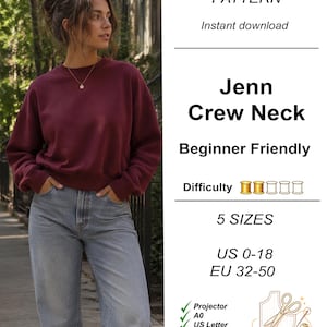 May include: A PDF sewing pattern for the Jenn Crew Neck sweatshirt. The document includes text for 5 sizes, US 0-18 and EU 32-50, and lists file formats including Projector, A0, US Letter, A3, and A4. The CutLoom logo and sewing icons are visible.