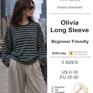 May include: A PDF sewing pattern for the Olivia Long Sleeve shirt. The text includes 'PDF SEWING PATTERN', 'Instant download', 'Beginner Friendly', '5 SIZES', 'US 0-18', 'EU 32-50', and 'CutLoom'. The image shows a long-sleeve striped shirt.