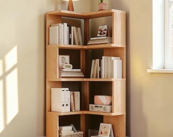 Libreria angolare in legno massello, scaffale multilivello, mobile angolare, libreria da terra, organizzazione della casa