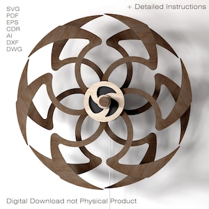 May include: A circular wooden wall art piece featuring a complex, interlocking geometric pattern with curved, blade-like segments. The center has a light-colored circular hub. Text includes SVG, PDF, EPS, CDR, AI, DXF, DWG, + Detailed Instructions, and Digital Download not Physical Product.