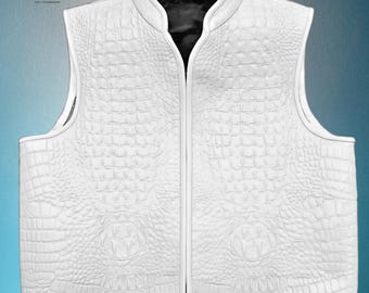 White Crocodile Embossed Leather Biker Vest for Men | Genuine Leather Motorcycle Vest | Western Cowboy Riding Waistcoat