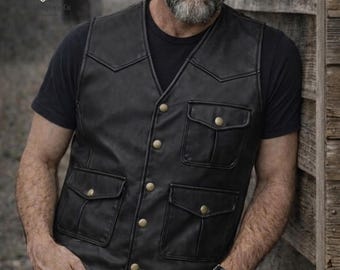 Gilet da motociclista in pelle da uomo, autentico gilet da motociclista nero e marrone, gilet da equitazione western fatto a mano