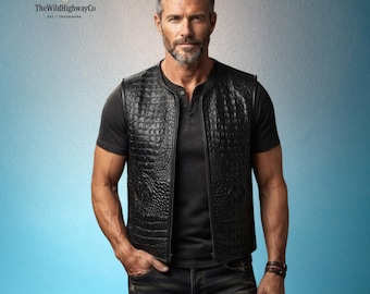 Zwart leren vest met krokodillenreliëf voor heren | Premium motorbikervest | Leren westerncowboy-gilet