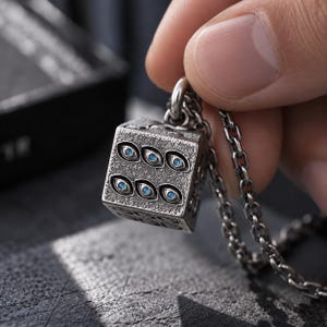 Può includere: Un ciondolo a forma di cubo in metallo color argento sospeso a una catena a maglie abbinata. Il cubo presenta una superficie ruvida e usurata con sei motivi a occhio incisi, ciascuno contenente un piccolo inserto circolare blu brillante.