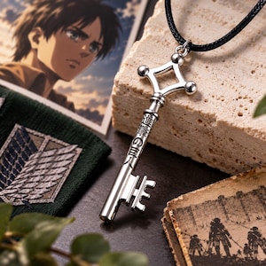Attack on Titan Eren Key Necklace, Shingeki No Kyojin Pendant, Anime Cosplay Jewelry, Black Cord Necklace, Gift for Anime Fans Men