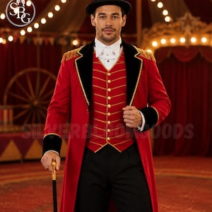 May include: A ringmaster costume featuring a long red coat with black lapels and gold fringe epaulets, a red vest with gold horizontal stripes and buttons, a white collared shirt, black trousers, and a black top hat, held with a black cane.