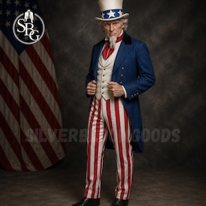 Herrkostym med patriotisk farbror Sam, blå ullfrack, randiga byxor, vit väst, historisk outfit för amerikansk självständighetsdagen