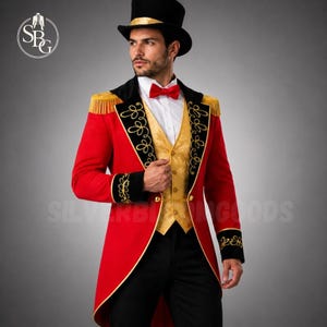 Men's Ringmaster Costume Tailcoat | Red Circus Ringmaster Jacket with Gold Trim | Showman Outfit | Carnival Cosplay Costume
