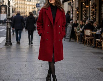 Dwurzędowy, długi płaszcz damski z bordowej wełny | Klasyczny zimowy płaszcz | Elegancki płaszcz typu peacoat o średniej długości | Ręcznie robiony płaszcz