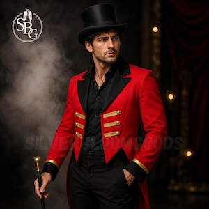 Men's Red Ringmaster Tailcoat Jacket | Circus Ringmaster Costume | Red Military Style Coat | Halloween Cosplay | Stage Performer Jacket
