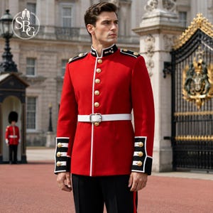 May include: A bright red military-style tunic featuring a high collar, gold-toned buttons, and white piping trim. The garment includes a white waist belt with a silver-toned buckle and black cuffs accented with white trim and gold-toned buttons.