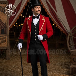 Men's Red Ringmaster Tailcoat Costume | Circus Master Wool Tuxedo | Victorian Showman Outfit | Halloween Cosplay Suit Custom