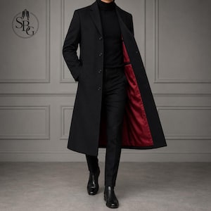 Men's Gothic Black Wool Long Coat | Victorian Overcoat | Red Satin Lining | Gothic Trench Coat | Vampire Steampunk Coat