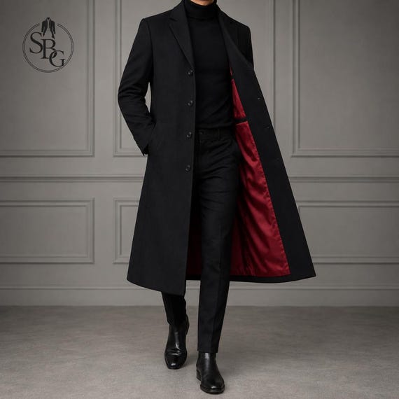 Men's Gothic Black Wool Long Coat | Victorian Overcoat | Red Satin Lining | Gothic Trench Coat | Vampire Steampunk Coat