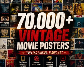 May include: A collage of various vintage movie posters featuring titles like 500 Days of Summer, Pulp Fiction, and Jaws. The central text reads 70,000+ VINTAGE MOVIE POSTERS, TIMELESS CINEMA. ICONIC ART., and COLLECT. INSPIRE. CREATE. with four icons below.