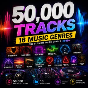 May include: A digital music bundle graphic featuring the text 50,000 TRACKS and 16 MUSIC GENRES. The image displays a DJ controller, headphones, and sixteen labeled genre squares including Afro House, Bass House, Deep House, and Techno.
