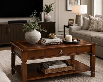 Vintage Wooden Coffee Table With Drawer Rectangular Center Table Storage Shelf Cherry Walnut