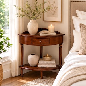 May include: A dark wood corner table featuring a curved front, a single drawer with a silver knob, and a lower shelf. The top holds a cream vase with greenery, a candle, and a small bowl. The lower shelf holds a textured vase and three books.