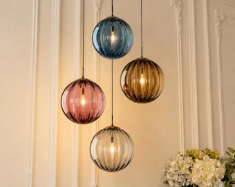 Nordic Ribbed Glass Globe Pendant Light Modern Hanging Lamp