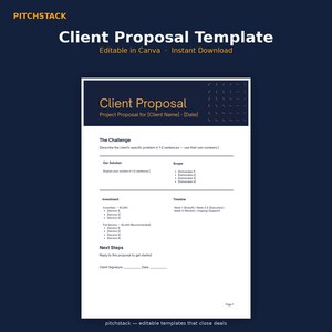 Puede incluir: Una plantilla digital de propuesta para clientes con un encabezado azul oscuro que presenta el texto Client Proposal y Project Proposal for [Client Name] - [Date]. El diseño incluye secciones para The Challenge, Our Solution, Scope, Investment, Timeline y Next Steps con marcadores de posición para texto y firmas.