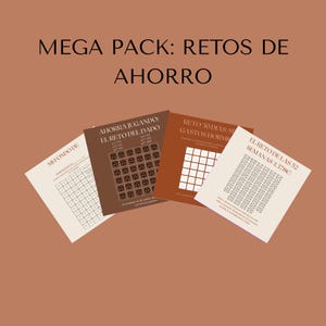 Könnte beinhalten: Ein Set aus vier quadratischen Finanz-Spar-Challenge-Karten in Creme- und Brauntönen. Der Text lautet MEGA PACK: RETOS DE AHORRO, MI FONDO DE EMERGENCIA, AHORRA JUGANDO: EL RETO DEL DADO, RETO 30 DIAS: SIN GASTOS HORMIGA und EL RETO DE LAS 52 SEMANAS.
