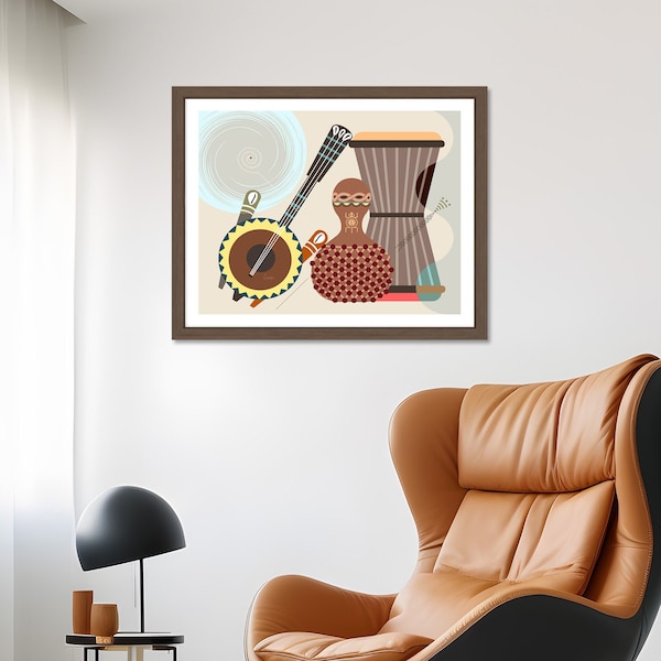 African Musical Instrument Art, Gourd Rattle Kora Gangan Talking Drum Decor