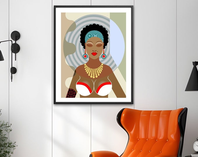 Black Queen Painting Natural Hair Art, Black Female African American