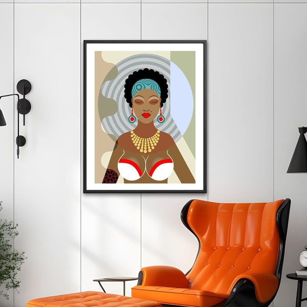 Black Queen Painting Natural Hair Art, Black Female African American