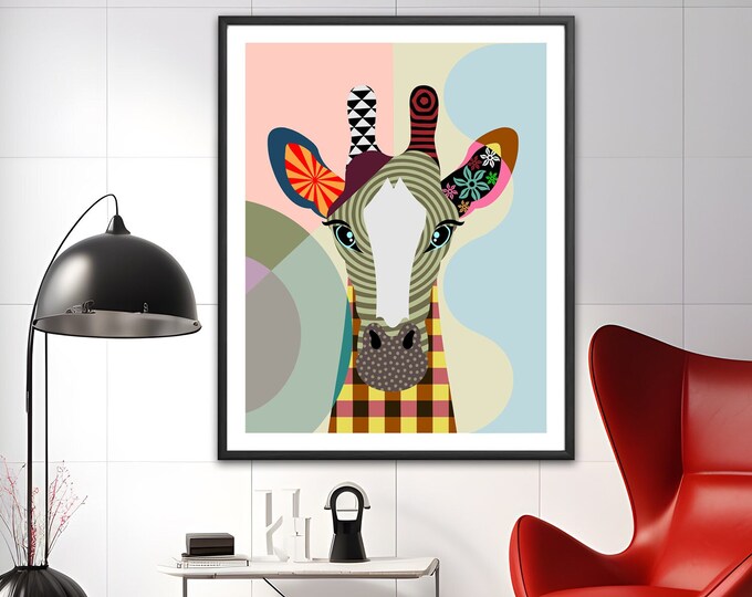 Giraffe Art Print Painting Poster, Colorful Animal Portrait Decor Mammals