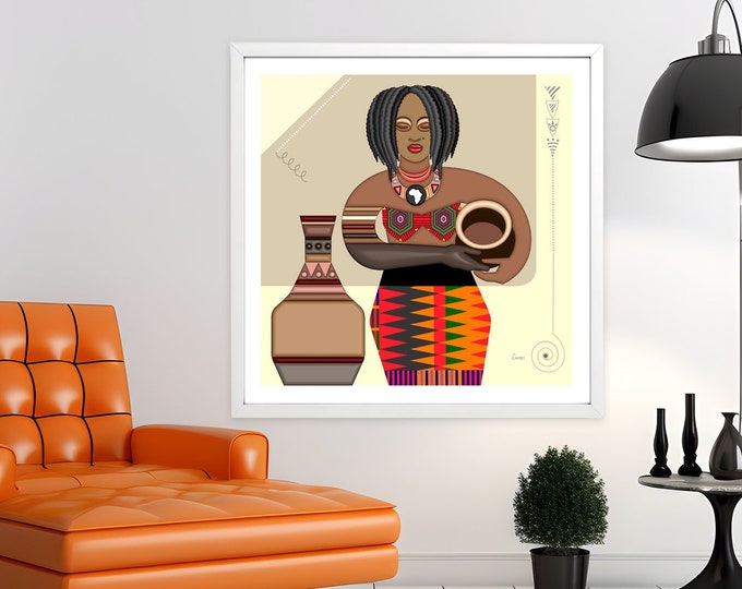 Abstract Black Woman Wall Art, Ghana Art Akwaaba Ethnic Afrocentric Tribal Painting, Black Culture Art