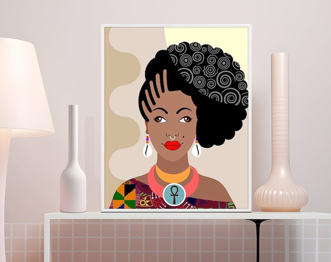 Afro Bohemian Décor,  Black Queen Print African American Woman Wall Art, Black Girls Rock Melanin Girl Painting Design
