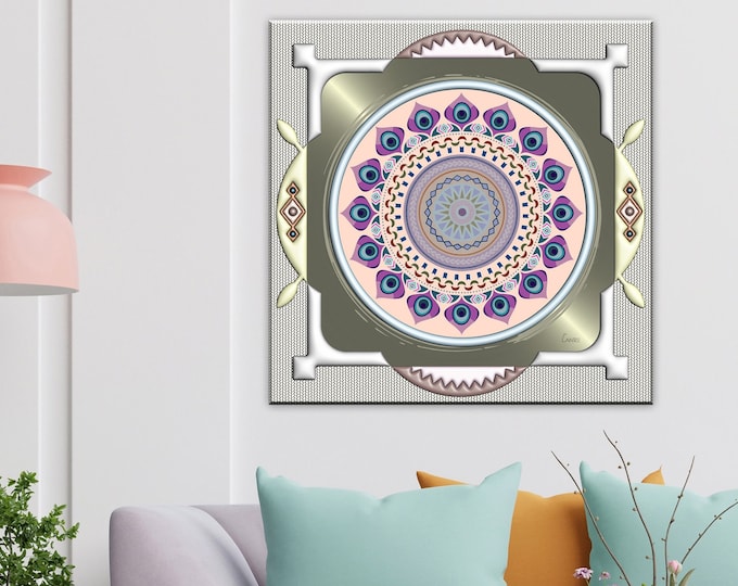 Peacock Feather Wall Art Mandala Canvas Circular  Pattern Design Painting