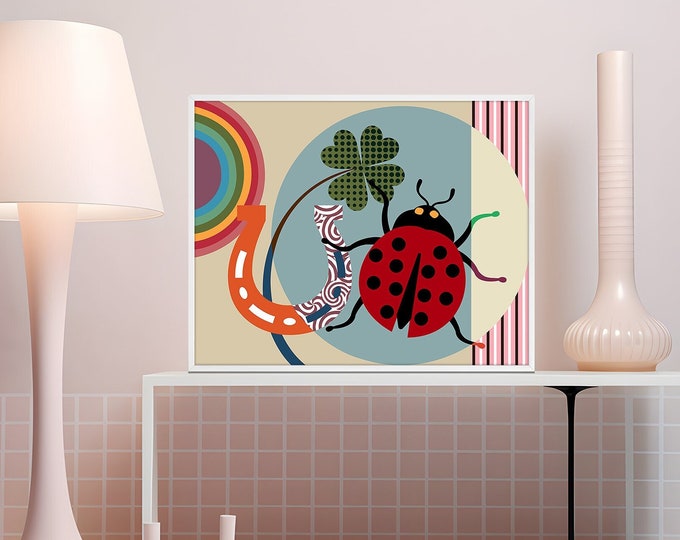 Good Luck Gift Lady Bird Bug Insect Print, Horse Shoe Decor