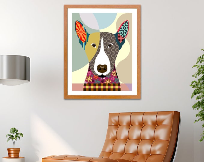 English Bull Terrier Art, Bully Dog Pet Portrait Doggy Canine Poster Design