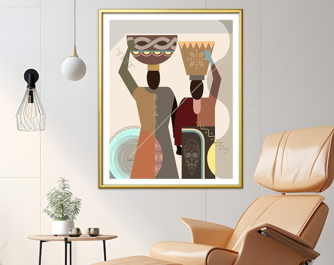 Ethnic African Wall Décor, Black American Painting, Afro Boho Bohemian Art Tranquil Colors