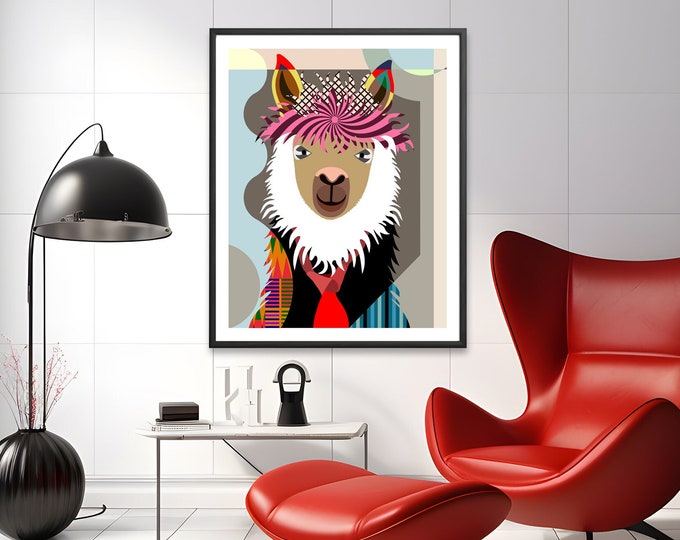Llama Wall Art Decor Gift, Hipster Animal Painting
