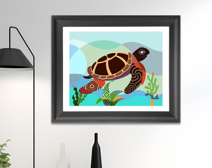 Sea Turtle Wall Art, Marine Animal Reptile Poster Painting