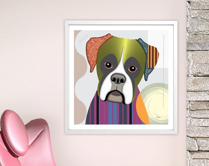 Boxer Dog Décor, Pet Portrait Puppy Art Print Abstract Animal Design