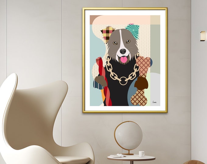 Border Collie Print Painting Gift, Hipster Dog Wall Art, Funny Dog Portrait