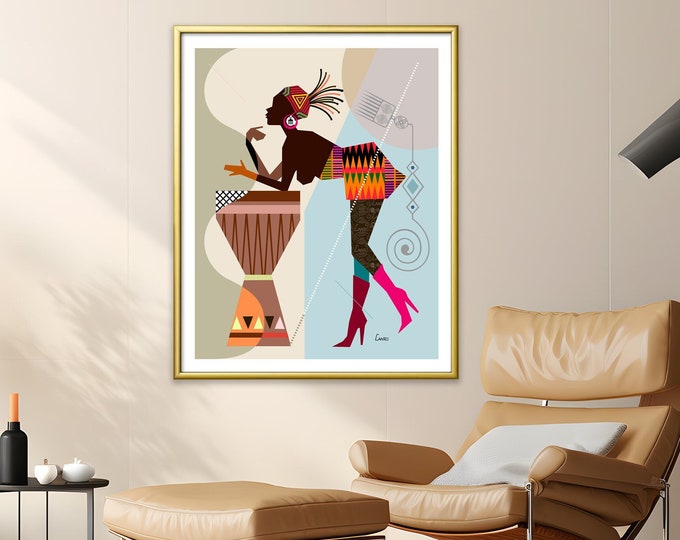 Abstract Black Woman Wall Art, Beautiful Black Girl African American Afrocentric Décor Tribal Ethnic Cultural Djembé Drum Painting