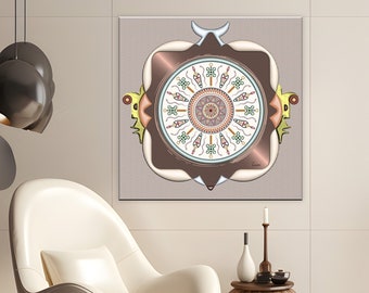 Mandala Art Canvas Circular wall Decor, African Mask Pattern Design Afrofuturism