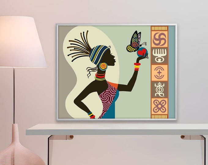 African Woman Art, Traditional Black Girl Painting Afrocentric Adinkra Home Décor