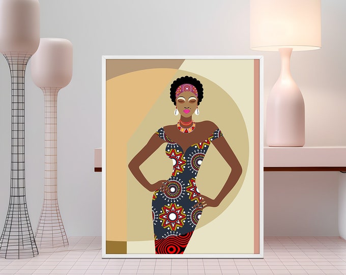 Afro Woman Wall Décor Bohemian Art, Beautiful Black Woman Art, Gift For Black Girl