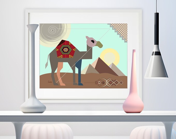 Camel Art Print, Egyptian Pyramid African American Wall Art