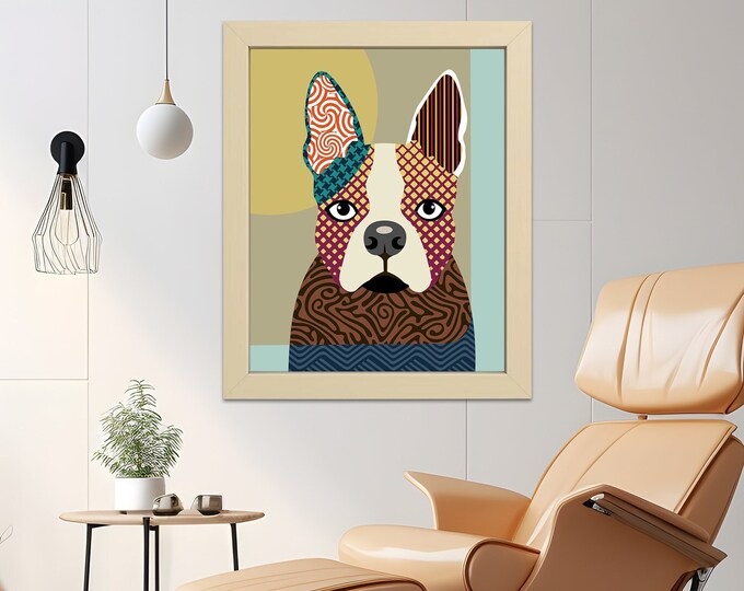 Boston Terrier Art, Cute Dog Portrait Pet Artwork