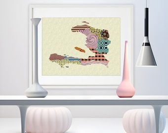 Haiti Map Art Print, Haitian Gift Caribbean Decor Travel Poster
