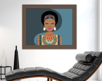 African Woman Afro Girl Picture, Black Queen Artwork Melanin Girl Natural Hair Afrocentric Decor