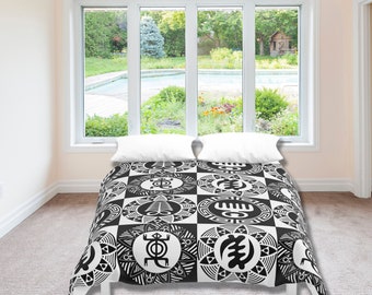 African Bedding, Adinkra Aya  Duafe  Gye Nyame  Denkyem Duvet Cover